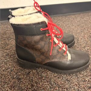 Coach Women’s Fur-Lined Lace-Up Winter Boots - Black with Brown Pattern